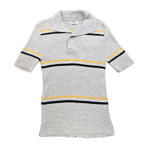 Vintage 1970s Montgomery Ward Polyester Stripe Polo – Men's XS • Grey Yellow - Picture 1 of 9